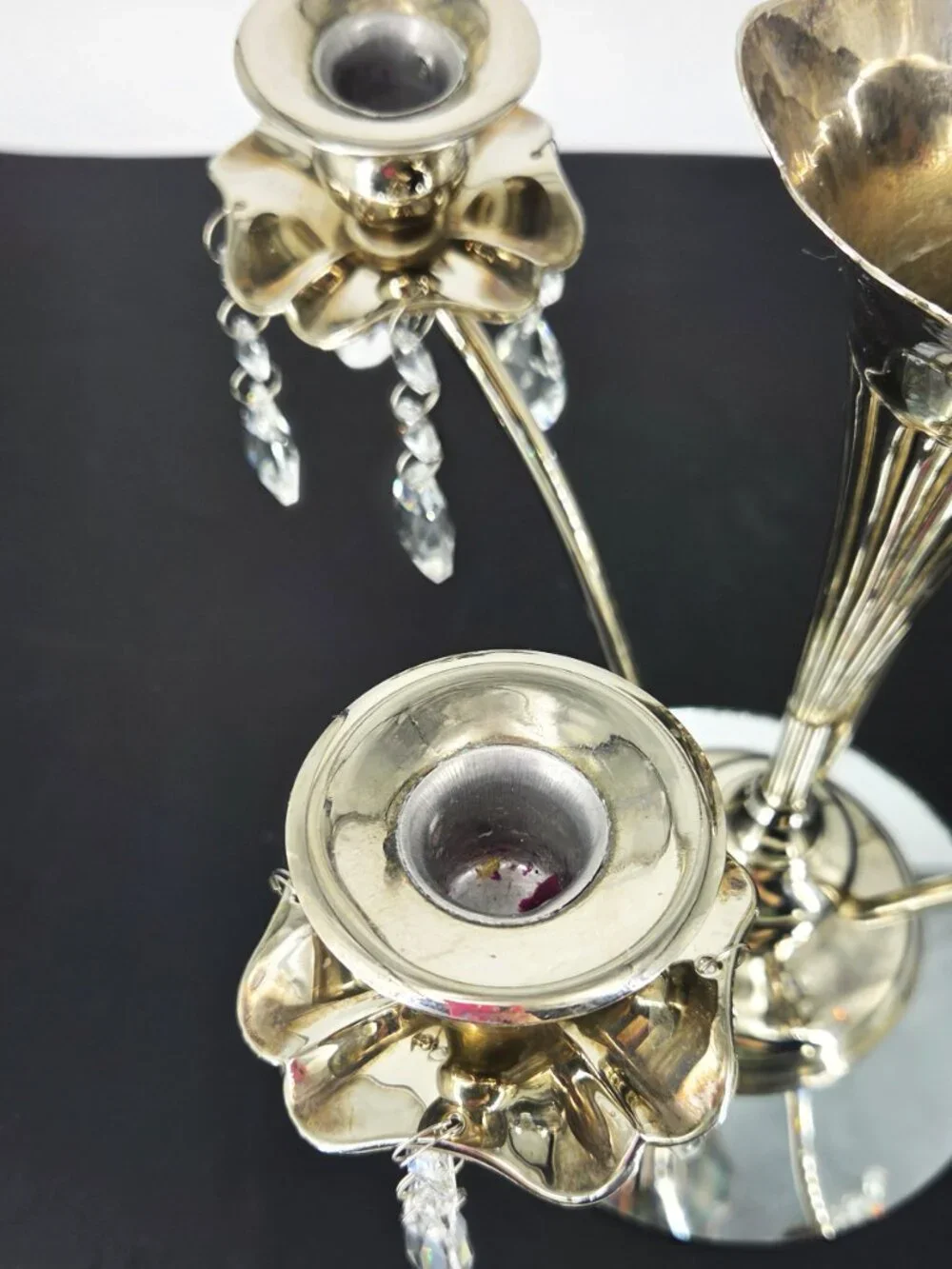 70s Silverplate Epergne 4 Arm Candelabra Trumpet Vase Crystals Japan Silversmith